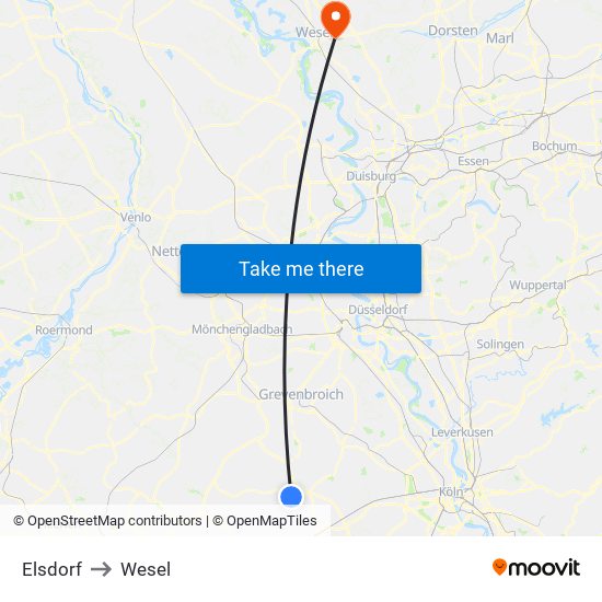 Elsdorf to Wesel map