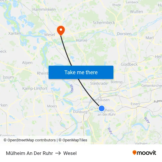 Mülheim An Der Ruhr to Wesel map
