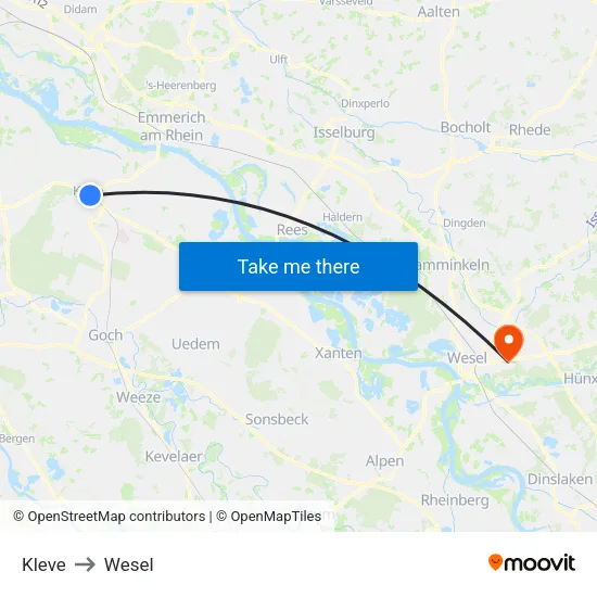 Kleve to Wesel map