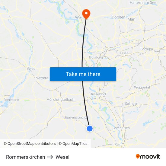 Rommerskirchen to Wesel map