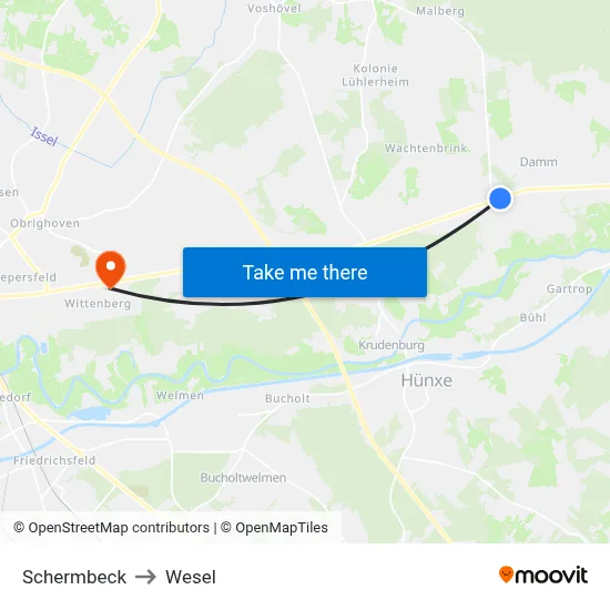 Schermbeck to Wesel map