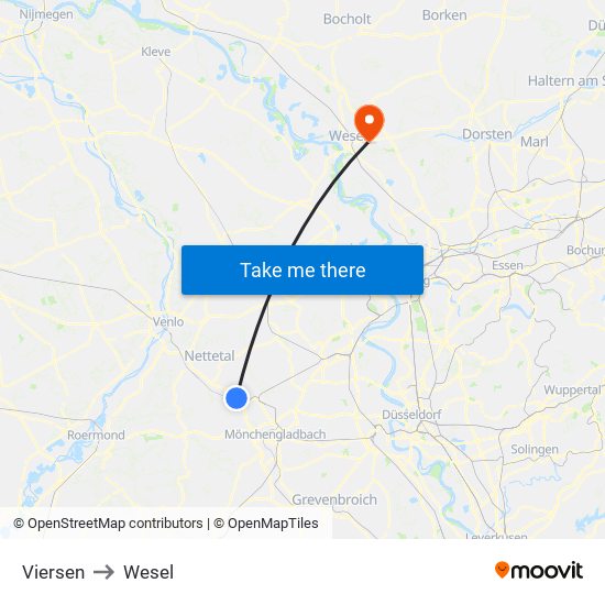Viersen to Wesel map