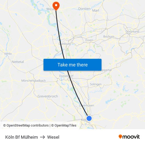 Köln Bf Mülheim to Wesel map