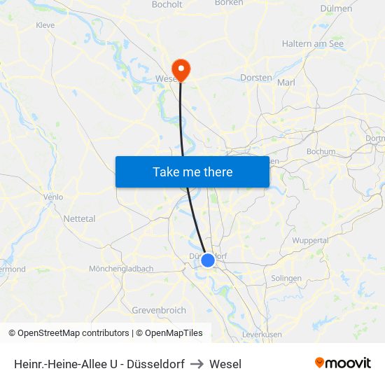 Heinr.-Heine-Allee U - Düsseldorf to Wesel map