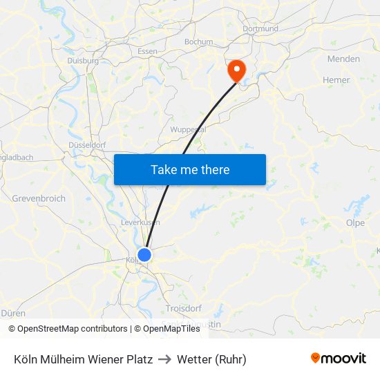 Köln Mülheim Wiener Platz to Wetter (Ruhr) map