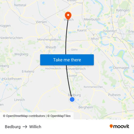 Bedburg to Willich map