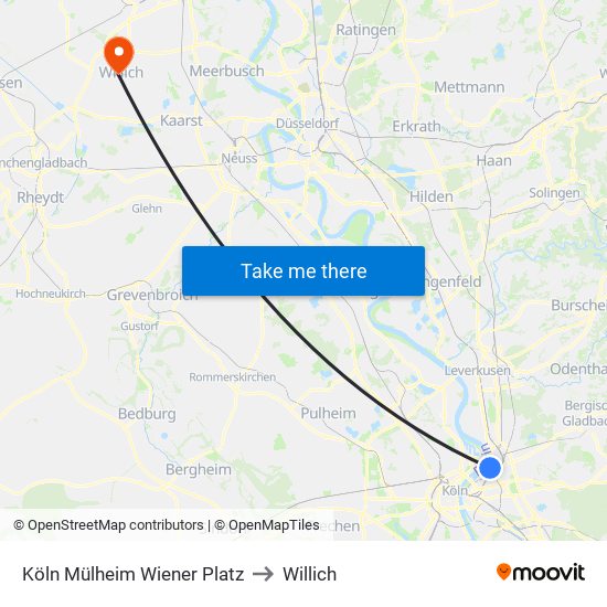Köln Mülheim Wiener Platz to Willich map