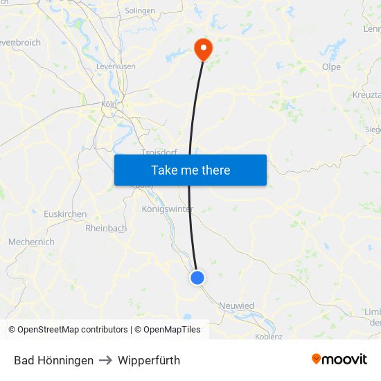 Bad Hönningen to Wipperfürth map