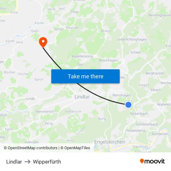 Lindlar to Wipperfürth map