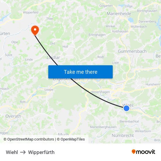 Wiehl to Wipperfürth map
