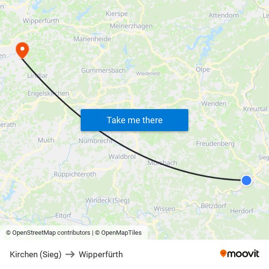 Kirchen (Sieg) to Wipperfürth map