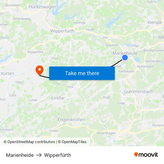 Marienheide to Wipperfürth map