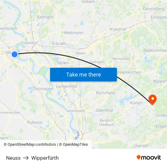 Neuss to Wipperfürth map