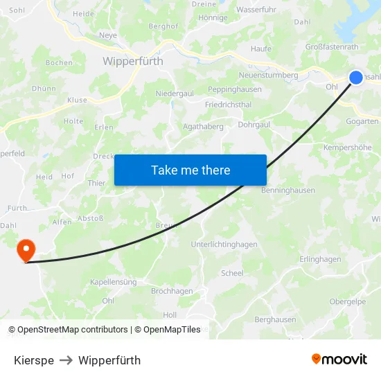 Kierspe to Wipperfürth map