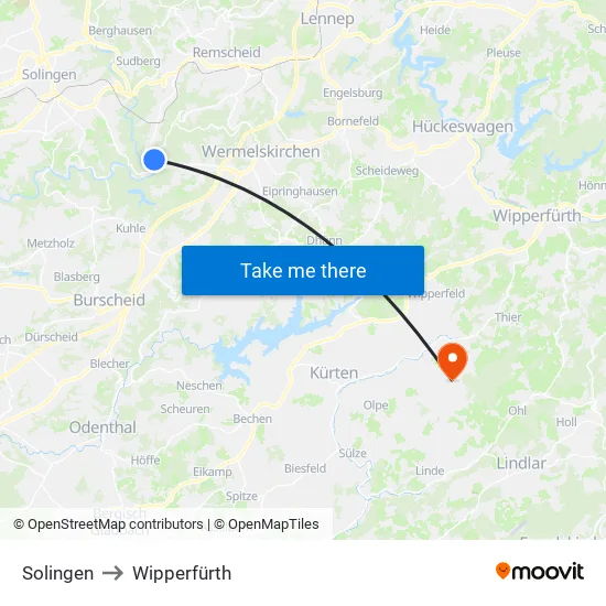 Solingen to Wipperfürth map