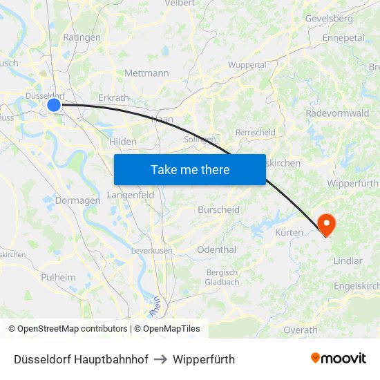 Düsseldorf Hauptbahnhof to Wipperfürth map