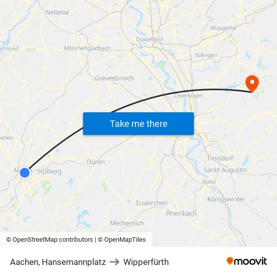 Aachen, Hansemannplatz to Wipperfürth map