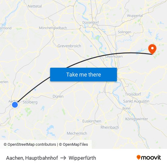 Aachen, Hauptbahnhof to Wipperfürth map