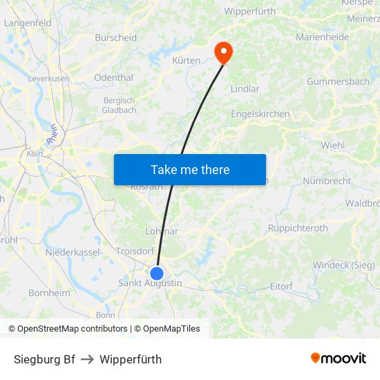 Siegburg Bf to Wipperfürth map