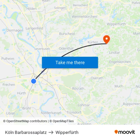 Köln Barbarossaplatz to Wipperfürth map