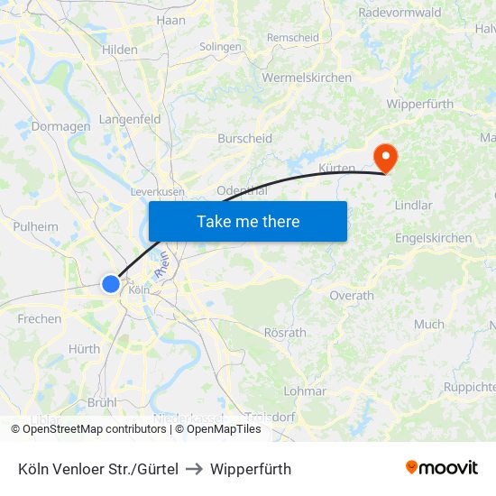 Köln Venloer Str./Gürtel to Wipperfürth map