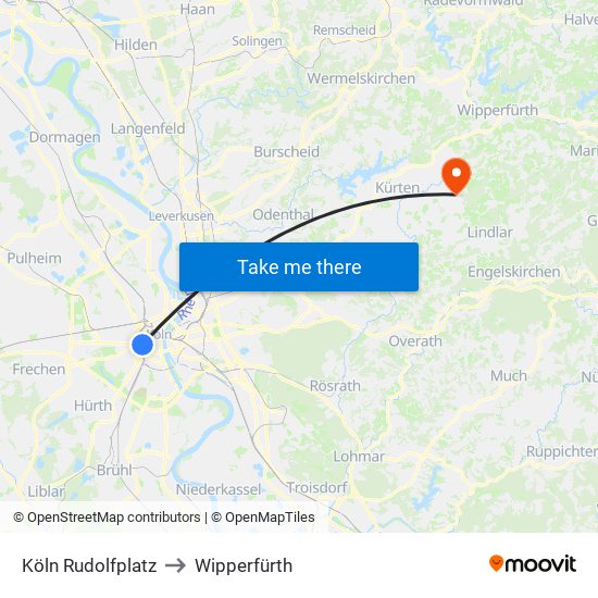 Köln Rudolfplatz to Wipperfürth map