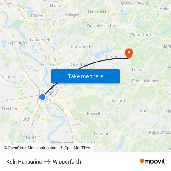 Köln Hansaring to Wipperfürth map