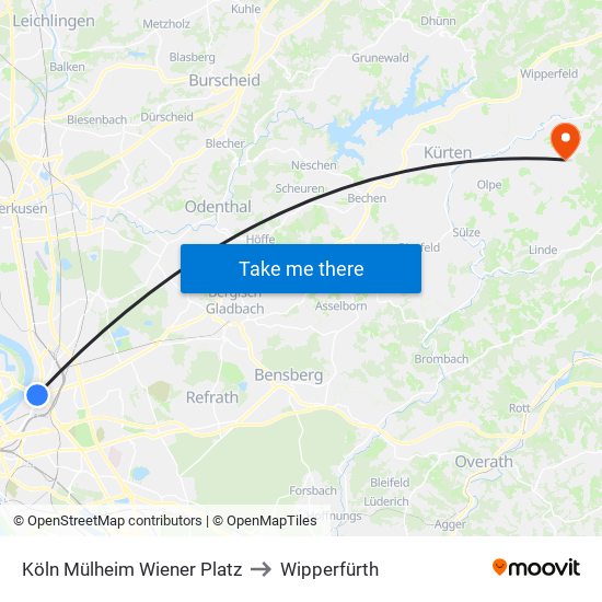 Köln Mülheim Wiener Platz to Wipperfürth map