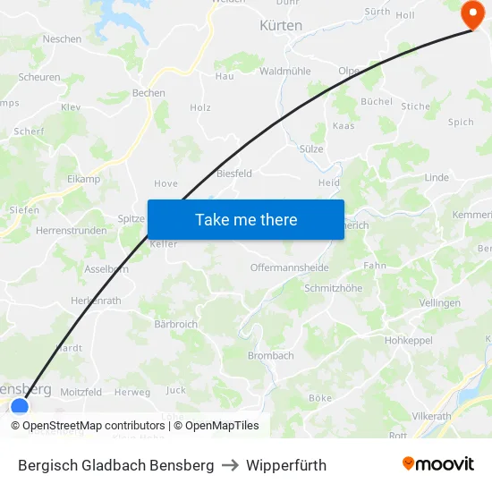 Bergisch Gladbach Bensberg to Wipperfürth map