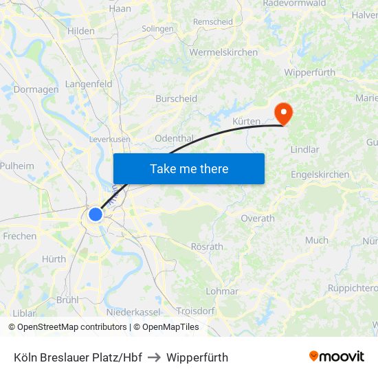 Köln Breslauer Platz/Hbf to Wipperfürth map