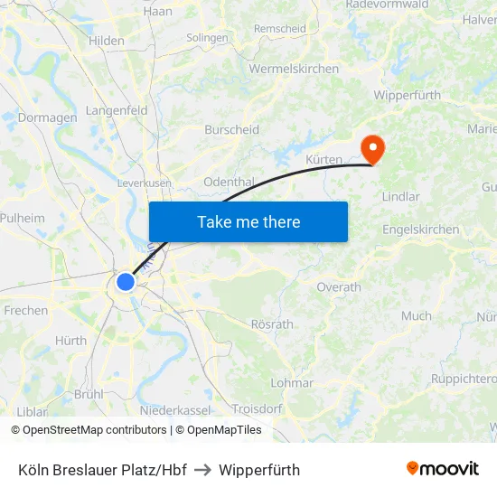 Köln Breslauer Platz/Hbf to Wipperfürth map