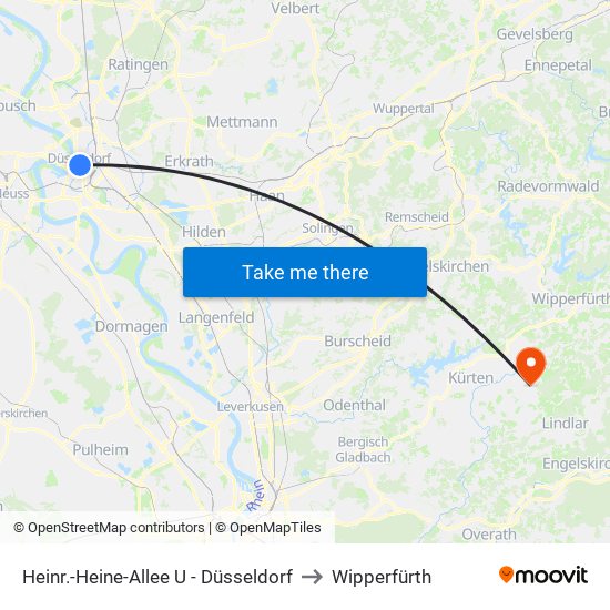 Heinr.-Heine-Allee U - Düsseldorf to Wipperfürth map