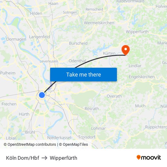 Köln Dom/Hbf to Wipperfürth map