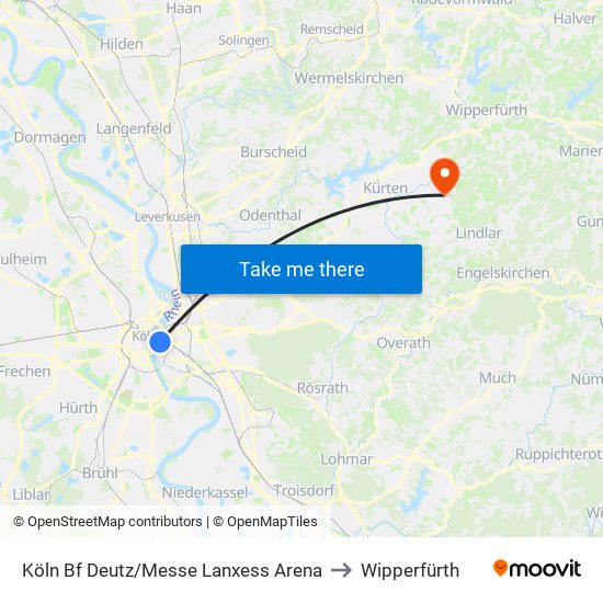 Köln Bf Deutz/Messe Lanxess Arena to Wipperfürth map