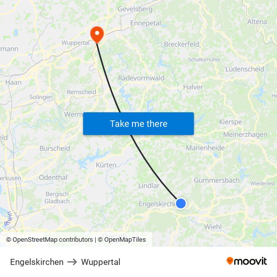 Engelskirchen to Wuppertal map