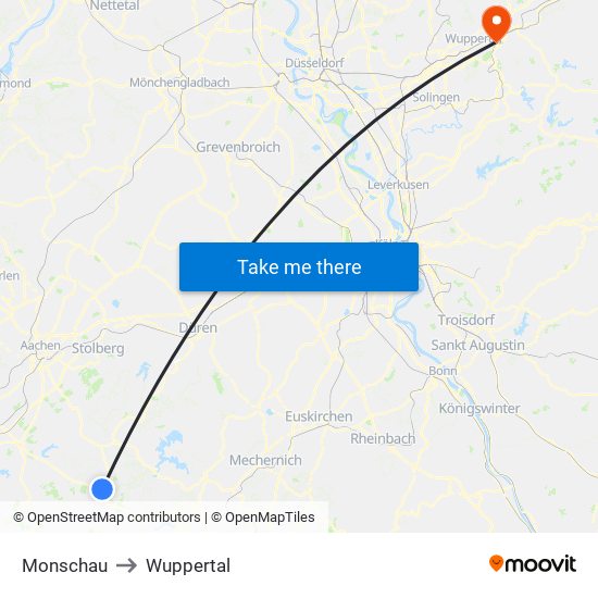 Monschau to Wuppertal map