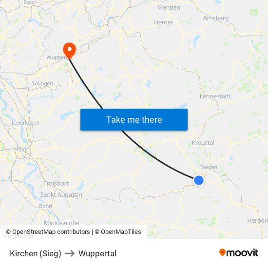 Kirchen (Sieg) to Wuppertal map