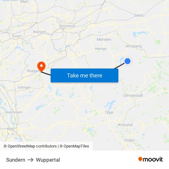 Sundern to Wuppertal map