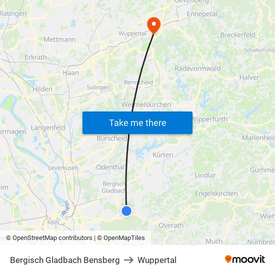 Bergisch Gladbach Bensberg to Wuppertal map