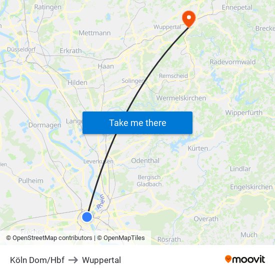 Köln Dom/Hbf to Wuppertal map