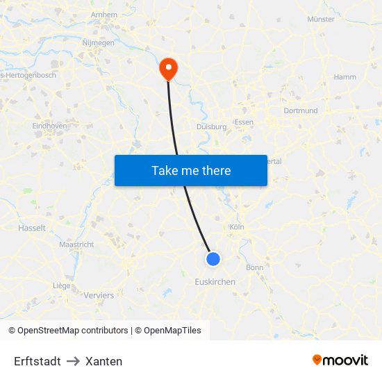 Erftstadt to Xanten map