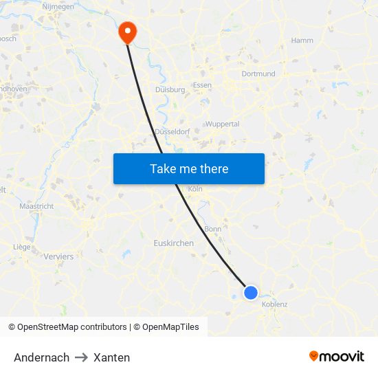 Andernach to Xanten map