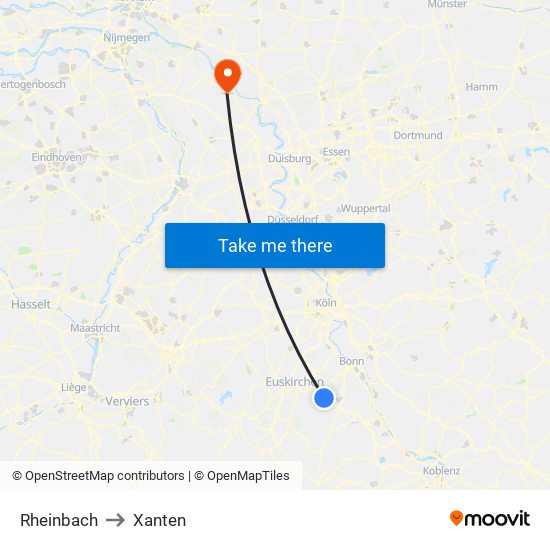 Rheinbach to Xanten map