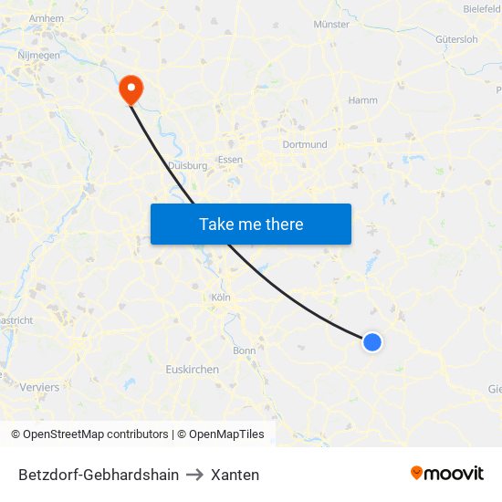 Betzdorf-Gebhardshain to Xanten map