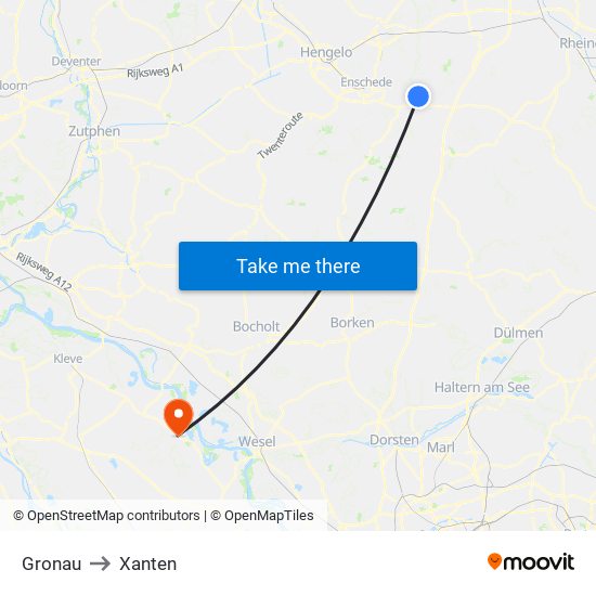 Gronau to Xanten map