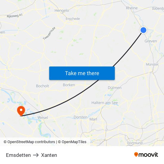 Emsdetten to Xanten map