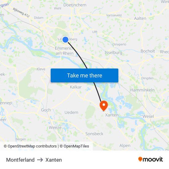 Montferland to Xanten map