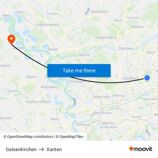 Gelsenkirchen to Xanten map
