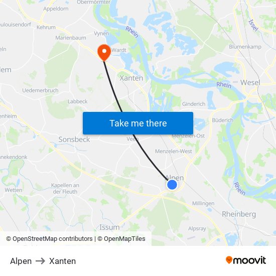 Alpen to Xanten map