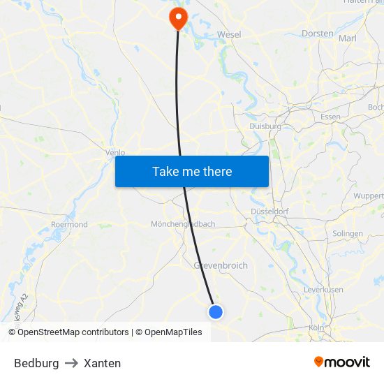 Bedburg to Xanten map